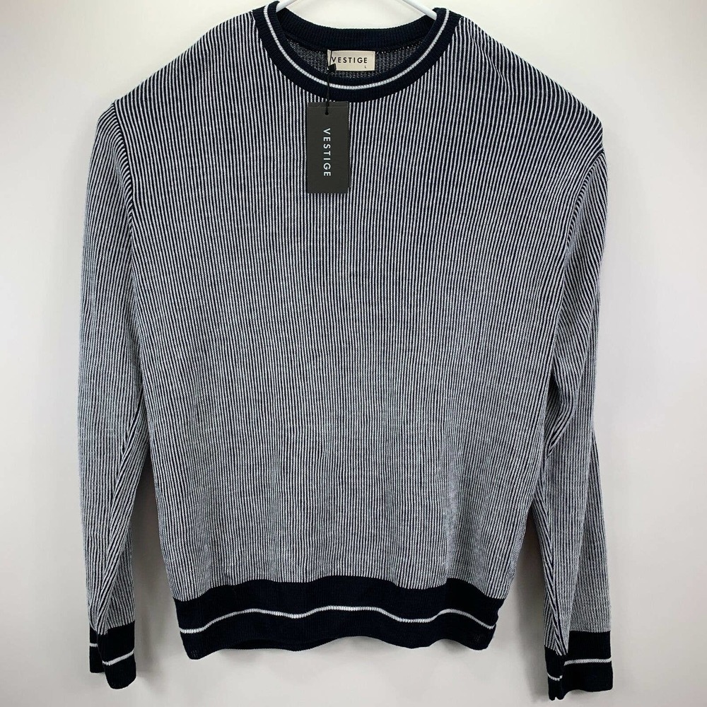 Vestige Mens Crewneck Acrylic Striped Pullover Sweater Navy White L